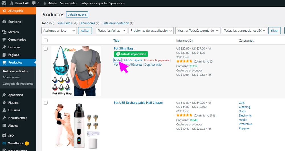 producto en lista d eimportacion
