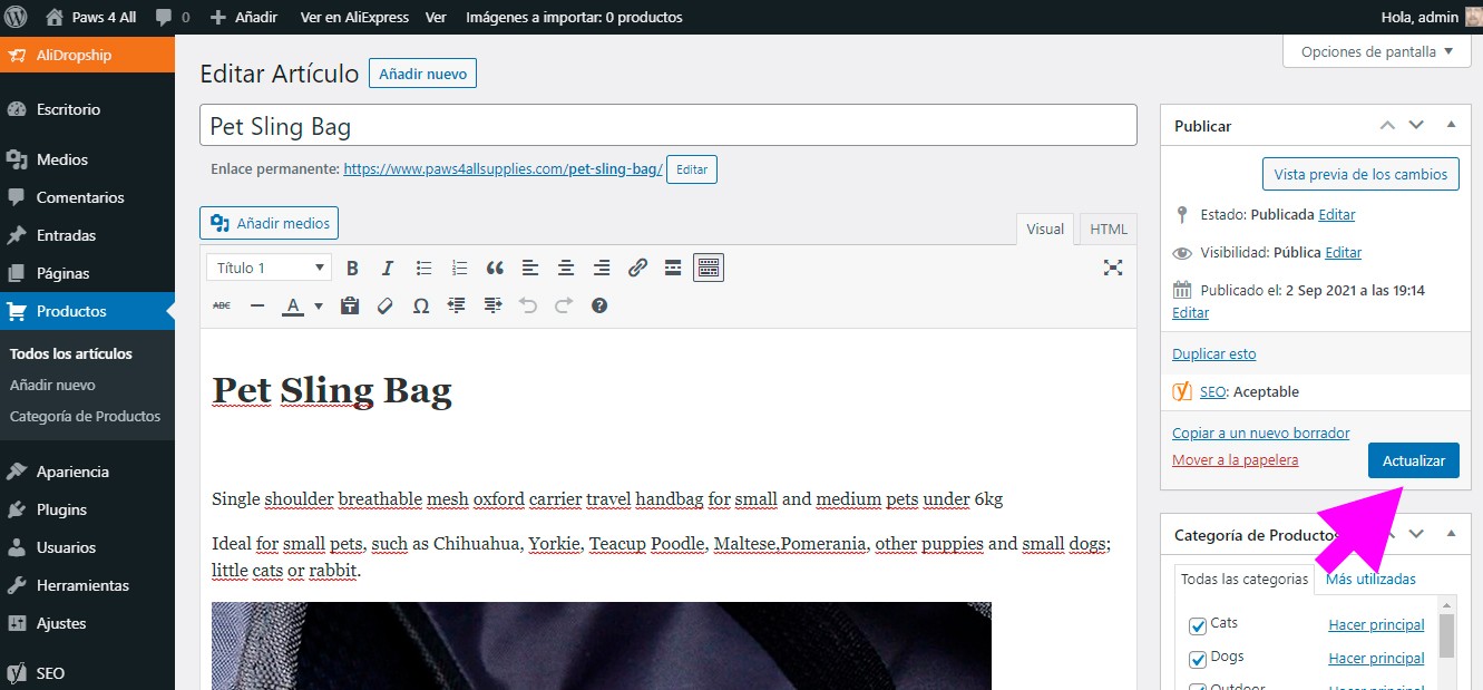 publicar producto en wordpress